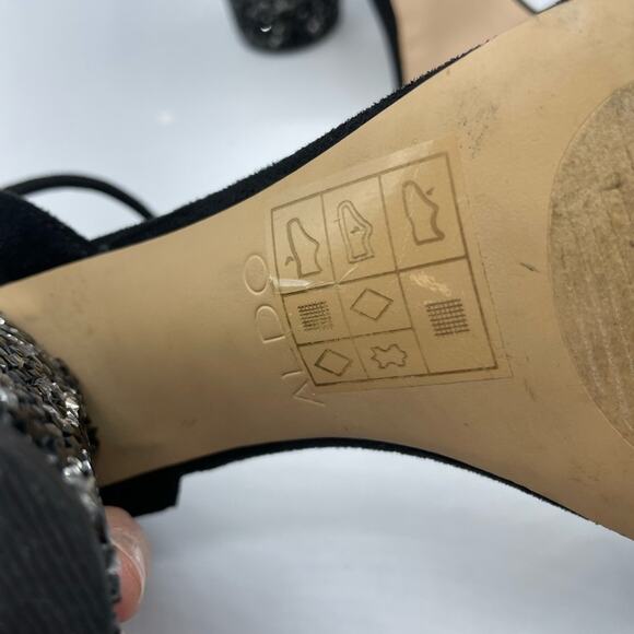 Aldo Black Rhinestone Chunky Heel Peep Toe Shoes Womens 6.5 Glitter Party Glam - Picture 3 of 8